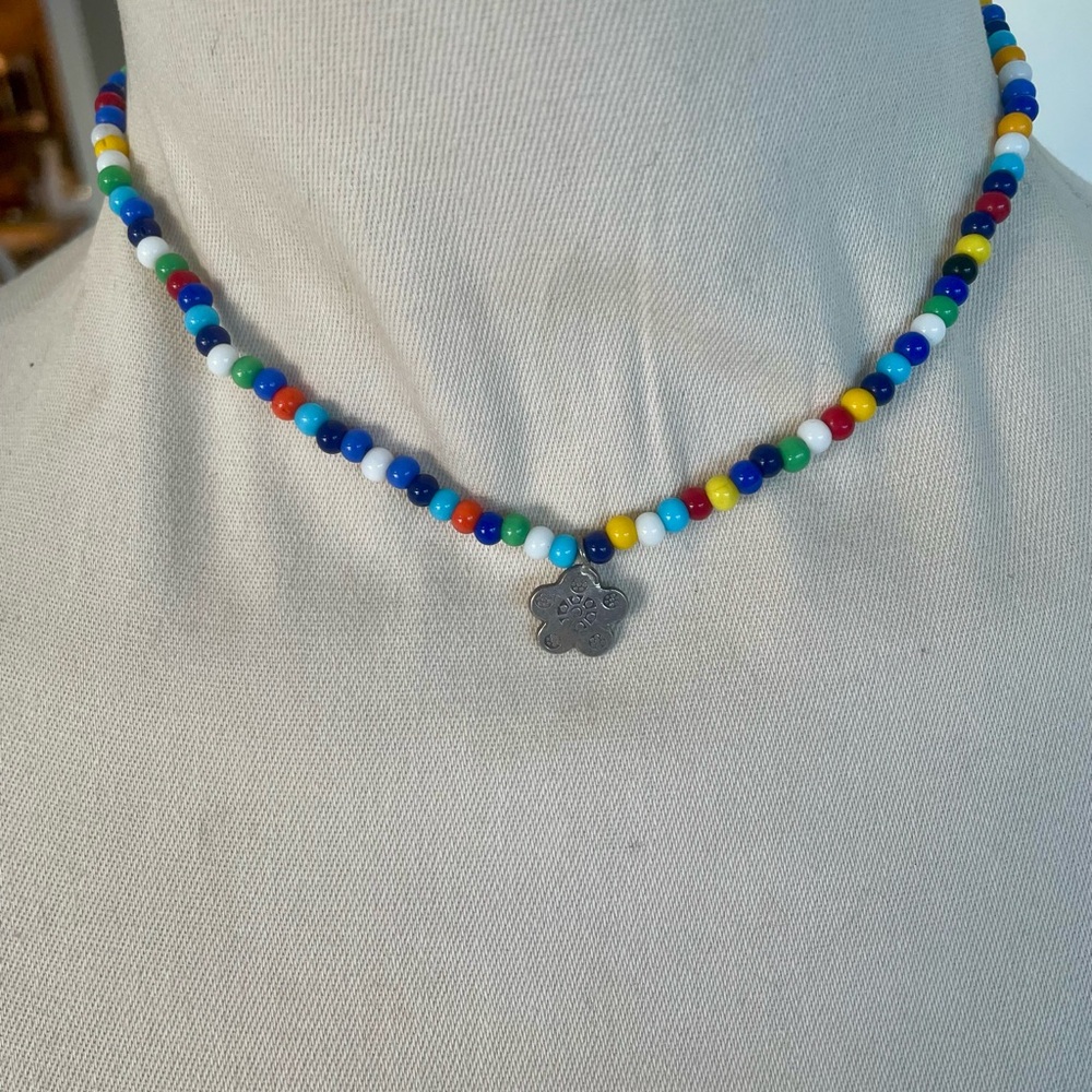 Pony Bead Necklace with Silver Charm Handmade Vintage Boho  EUC